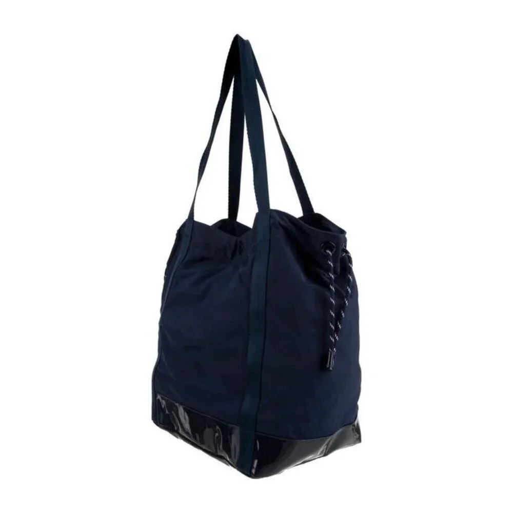 Tory Burch Nylon Tote Bag Navy Blue Patent Leather Trim Travel Work Shopper